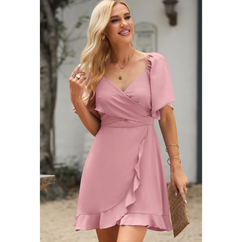 Dokotoo Pink Flutter Sleeve Ruffle Hem Wrap Mini Dress Smocked Back Size M